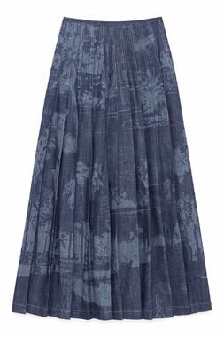 Lafayette 148 New York Landscape Print Pleated Denim Midi Skirt Size 4 NWOT $798
